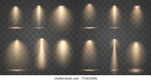 Set vector golden spotlights. Scene light effects.