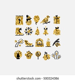 Set vector Golden symbols of New year and merry Christmas 