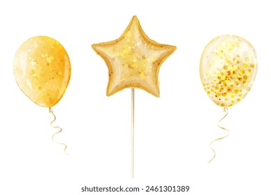 Set of vector golden yellow balls in watercolor style. Illustration for design  birthday, parties and celebrations, isolated on white background. 