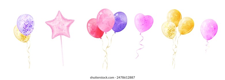 Set of vector golden yellow and multi-colored balls in watercolor style. Illustration for design  birthday, parties and celebrations, isolated on white background. 