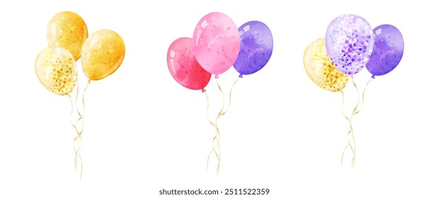 Set of vector golden yellow and multi-colored balls in watercolor style. Illustration for design  birthday, parties and celebrations, isolated on white background. 