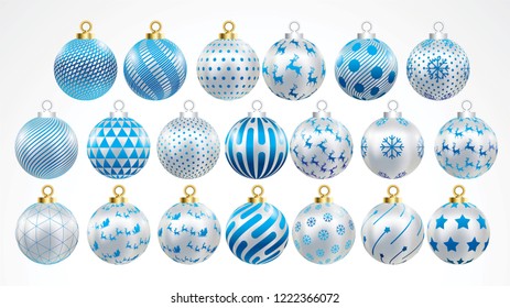 Set of vector gold,silver and blue christmas balls with ornaments. golden collection isolated realistic decorations. Vector illustration on white background.