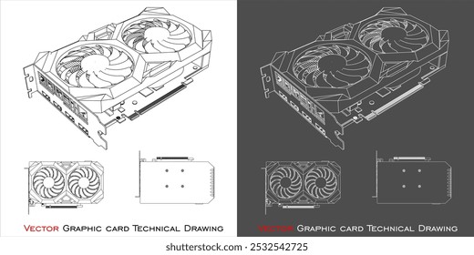 Definir o esquema técnico de desenho de linha de ventilador dupla da placa gráfica Vetor GPU isolado no plano de fundo transparente 