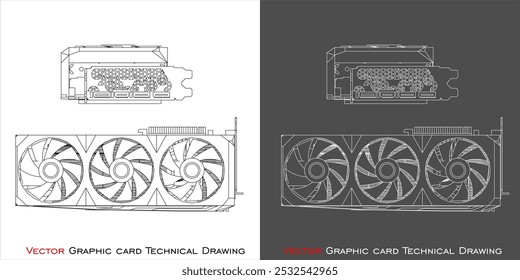 Set Vector GPU triple fan line technical drawing blueprint isolated on transparent background 