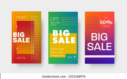 Set of vector gradient banners with arrows and 50% discount for social media and mobile applications. Big sale design template, special offers.