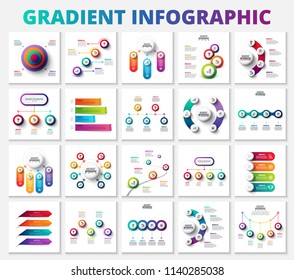 Set of vector gradient infographic design layouts with 3, 4, 5, 6, 7 and 8 options, parts or step. Illustration for project steps visualization. Modern design elements. Business presentation.