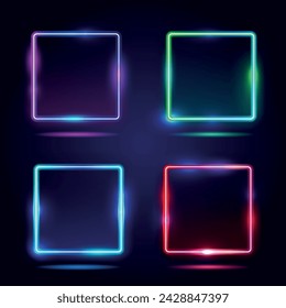 Set of vector gradient neon frames. Isolated light square or led rectangle, glowing shape or ui border. Electric box for disco or party, bar or club show label or sign. Line element for background