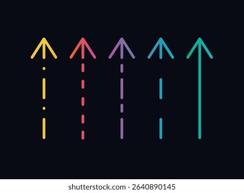 set of vector gradient rainbow arrows isolated on black background, arrow graphic element	