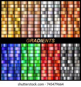 set of vector gradients collection.Collection metallic golden,rose gold, silver, steel, bronze, emerald, ruby, sapphire gradients background texture