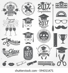 Set of Vector graduates Class of 2017 badges. Concept for shirt, print, seal, overlay,  stamp, greeting, invitation card. Typography design- stock vector. Graduation design with hut and text Class of.