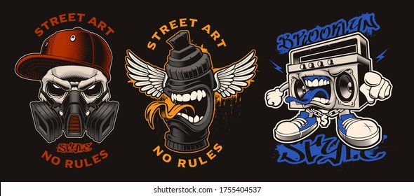 Set of vector graffiti characters on the dark background. The illustrations are perfect for apparel, logos, posters, and many other uses.