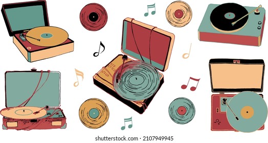 Conjunto de gramófonos vectoriales y vinilo en estilo vintage. Estilo gráfico de dibujos animados de los 90. Ilustración dibujada a mano para la tienda de música de diseño, papel envolvente, paquete. 