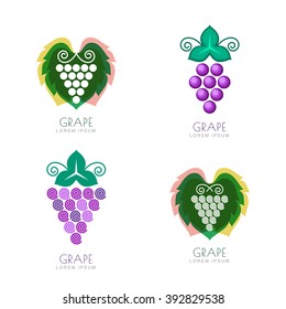 Set of vector grape icon, label elements. Outline grape vine isolated symbol. Negative space grave leaf logo design. Concept for winery, wine list. Alcohol drinks production.
