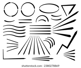 Set of vector graphic arrows. Dynamics of lines, perspective. Black arrows. Vector