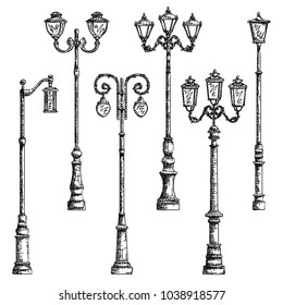 Set vector graphic arts sketch of drawing vintage artistic decorative lamppost (black pen).