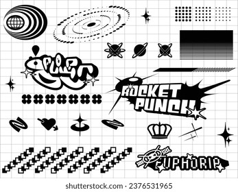 Set of vector graphic asset for streetwear design. Retro futuristic element in Y2K for apparel, clothing and poster design.