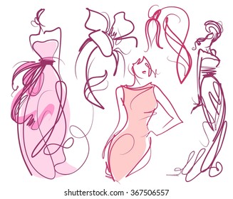 set 
VECTOR 
  graphic with beautiful young   girl model for design. Fashion, style, youth,   beauty,  . Graphic, sketch drawing. Sexy woman. dress.
  groom, bride,   clothes,
 
