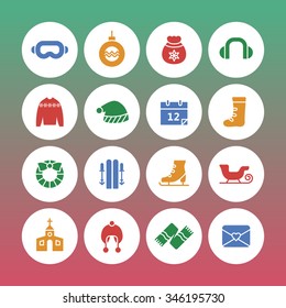 A set of vector graphic for christmas, winter vacation, holiday, gift, sports. goggles, ski, skate, shoe, earmuffs, scarf, boots, sweater, woolen hat, sleigh, church, calendar, letter, envelope, 