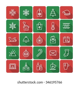 A set of vector graphic for christmas, winter vacation, snow, tag, hat, tree, flag, thermometer, bag, house, calendar, card, ball, bell, sleigh, socks, stick, mountain, church, candle, coffee, stove