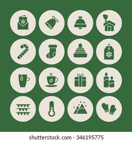 A set of vector graphic for christmas, winter vacation, holiday, gift, sports. bell, house, letter, card, stick, socks, hat, tag, cup, tea, coffee, candle, mountain, glove, thermometer, flag, 