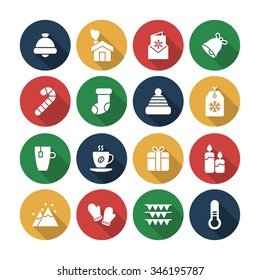 A set of vector graphic for christmas, winter vacation, holiday, gift, sports. bell, house, letter, card, stick, socks, hat, tag, cup, tea, coffee, candle, mountain, glove, thermometer, flag, 