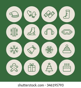 A set of vector graphic for christmas, winter vacation, holiday, gift, sports. goggles, ski, skate, shoe, earmuffs, scarf, boots, glove, woolen hat, bell, cake, doll, snow, flake, tree, 