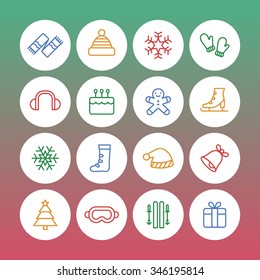 A set of vector graphic for christmas, winter vacation, holiday, gift, sports. goggles, ski, skate, shoe, earmuffs, scarf, boots, glove, woolen hat, bell, cake, doll, snow, flake, tree, 