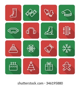 A set of vector graphic for christmas, winter vacation, holiday, gift, sports. goggles, ski, skate, shoe, earmuffs, scarf, boots, glove, woolen hat, bell, cake, doll, snow, flake, tree, 