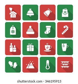 A set of vector graphic for christmas, winter vacation, holiday, gift, sports. bell, house, letter, card, stick, socks, hat, tag, cup, tea, coffee, candle, mountain, glove, thermometer, flag, 