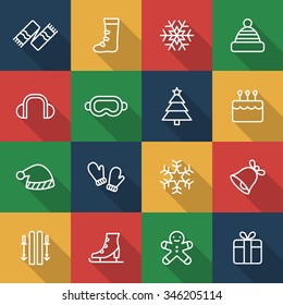 A set of vector graphic for christmas, winter vacation, holiday, gift, sports. goggles, ski, skate, shoe, earmuffs, scarf, boots, glove, woolen hat, bell, cake, doll, snow, flake, tree, 