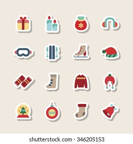 A set of vector graphic for christmas, winter vacation, holiday, gift, sports. goggles, ski, skate, shoe, earmuffs, scarf, boots, sweater, woolen hat, sleigh, church, calendar, letter, envelope, 