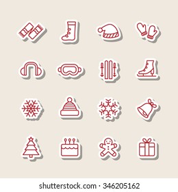 A set of vector graphic for christmas, winter vacation, holiday, gift, sports. goggles, ski, skate, shoe, earmuffs, scarf, boots, glove, woolen hat, bell, cake, doll, snow, flake, tree, 