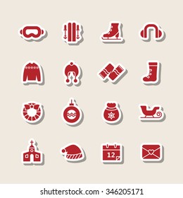 A set of vector graphic for christmas, winter vacation, holiday, gift, sports. goggles, ski, skate, shoe, earmuffs, scarf, boots, sweater, woolen hat, sleigh, church, calendar, letter, envelope, 