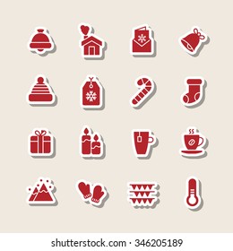 A set of vector graphic for christmas, winter vacation, holiday, gift, sports. bell, house, letter, card, stick, socks, hat, tag, cup, tea, coffee, candle, mountain, glove, thermometer, flag, 