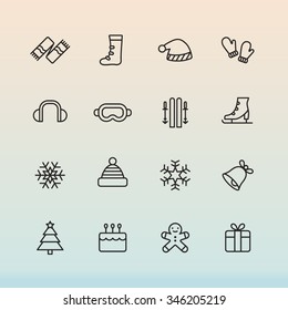 A set of vector graphic for christmas, winter vacation, holiday, gift, sports. goggles, ski, skate, shoe, earmuffs, scarf, boots, glove, woolen hat, bell, cake, doll, snow, flake, tree, 
