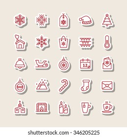A set of vector graphic for christmas, winter vacation, snow, tag, hat, tree, flag, thermometer, bag, house, calendar, card, ball, bell, sleigh, socks, stick, mountain, church, candle, coffee, stove