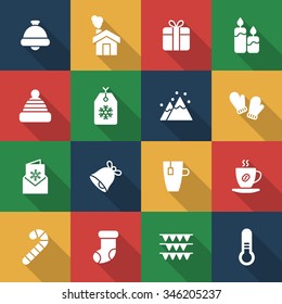 A set of vector graphic for christmas, winter vacation, holiday, gift, sports. bell, house, letter, card, stick, socks, hat, tag, cup, tea, coffee, candle, mountain, glove, thermometer, flag, 