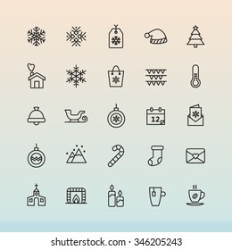 A set of vector graphic for christmas, winter vacation, snow, tag, hat, tree, flag, thermometer, bag, house, calendar, card, ball, bell, sleigh, socks, stick, mountain, church, candle, coffee, stove