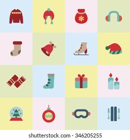 A set of vector graphic for christmas, winter vacation, holiday, gift, sports. goggles, ski, skate, shoe, earmuffs, scarf, boots, sweater, woolen hat, sleigh, church, calendar, letter, envelope, 