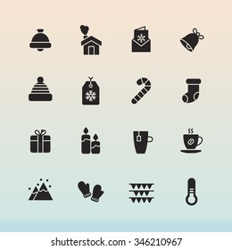 A set of vector graphic for christmas, winter vacation, holiday, gift, sports. bell, house, letter, card, stick, socks, hat, tag, cup, tea, coffee, candle, mountain, glove, thermometer, flag, 
