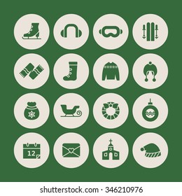 A set of vector graphic for christmas, winter vacation, holiday, gift, sports. goggles, ski, skate, shoe, earmuffs, scarf, boots, sweater, woolen hat, sleigh, church, calendar, letter, envelope, 