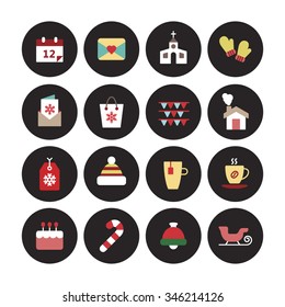 A set of vector graphic for christmas, winter vacation, holiday, gift, sports. calendar, card, church, glove, bag, flag, house, tag, hat, cup, tea, coffee, cake, stick, bell, sleigh.