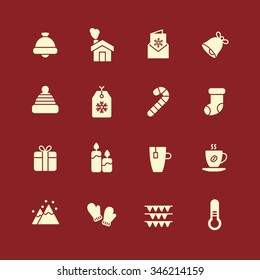 A set of vector graphic for christmas, winter vacation, holiday, gift, sports. bell, house, letter, card, stick, socks, hat, tag, cup, tea, coffee, candle, mountain, glove, thermometer, flag, 