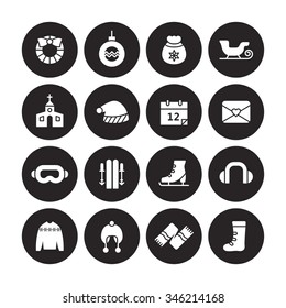 A set of vector graphic for christmas, winter vacation, holiday, gift, sports. goggles, ski, skate, shoe, earmuffs, scarf, boots, sweater, woolen hat, sleigh, church, calendar, letter, envelope, 