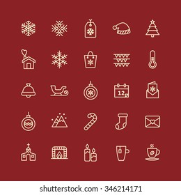 A set of vector graphic for christmas, winter vacation, snow, tag, hat, tree, flag, thermometer, bag, house, calendar, card, ball, bell, sleigh, socks, stick, mountain, church, candle, coffee, stove