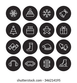 A set of vector graphic for christmas, winter vacation, holiday, gift, sports. goggles, ski, skate, shoe, earmuffs, scarf, boots, glove, woolen hat, bell, cake, doll, snow, flake, tree, 