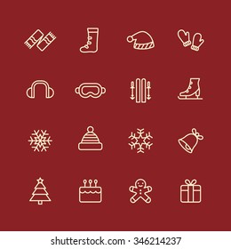 A set of vector graphic for christmas, winter vacation, holiday, gift, sports. goggles, ski, skate, shoe, earmuffs, scarf, boots, glove, woolen hat, bell, cake, doll, snow, flake, tree, 
