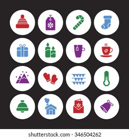A set of vector graphic for christmas, winter vacation, holiday, gift, sports. bell, house, letter, card, stick, socks, hat, tag, cup, tea, coffee, candle, mountain, glove, thermometer, flag, 