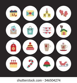 A set of vector graphic for christmas, winter vacation, holiday, gift, sports. calendar, card, church, glove, bag, flag, house, tag, hat, cup, tea, coffee, cake, stick, bell, sleigh.