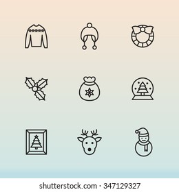A set of vector graphic for christmas, winter vacation, holiday, gift. deer, snowman, decoration, pocket, toy, frame, clothes, sweater, woolen(woolly) hat